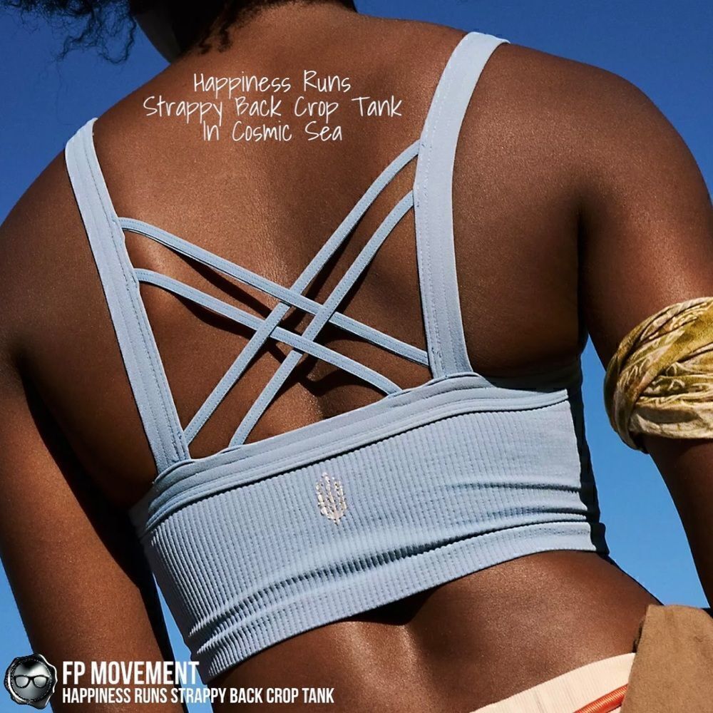 FP MOVEMENT HAPPINESS RUNS STRAPPY BACK CROP TANK + GOOD KARMA LEGGINGS BLUE HUE - Picture 5 of 16